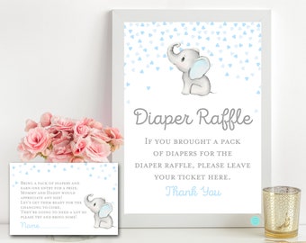 Diaper Raffle Card and Sign, Boy elephant baby shower, Gray Blue Elephant Baby Shower Game, Blue Elephant Baby Shower, Lil Peanut, TLC689