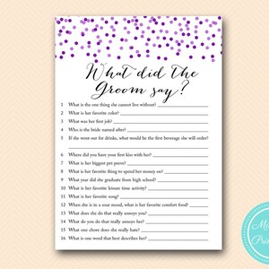 Confete roxo: O que o noivo disse, O que ele disse sobre ela, Jogo de recém-casados, Chá de panela roxo, Despedida de solteira, Chá de panela BS424