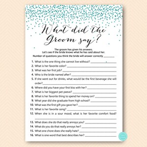Teal Glitter Bridal Shower Games Package, over or under, who knows bride best, what did groom say, Teal glitter bachelorette, BS472t image 5