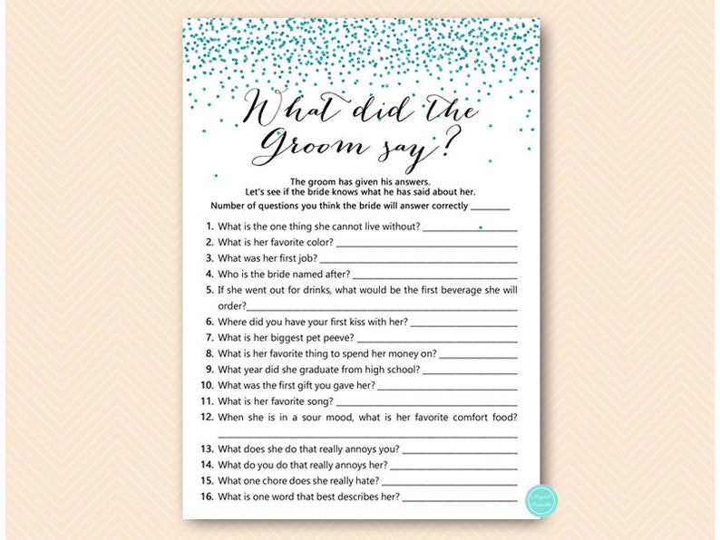 Teal Glitter Bridal Shower Games Package, over or under, who knows bride best, what did groom say, Teal glitter bachelorette, BS472t image 5