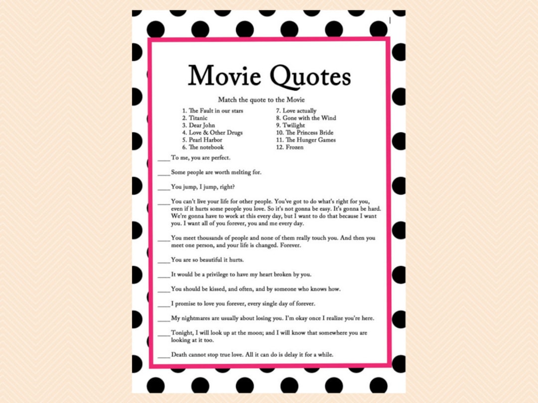 Movie Quote Game, Famous Love Quotes Game, Movie Game, Black Dots Bridal Shower Games, Bachelorette Games, Wedding Shower Games BS24 - Etsy movie-quote-game-famous-love-quotes-game-movie-game-black-dots-bridal-shower-games-bachelorette-games-wedding-shower-games-bs24-etsy
