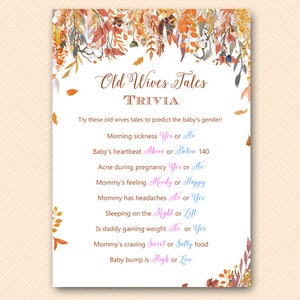 Autumn Leaves Baby Shower Games, Old Wives Tales Gender, Gender Reveal Old Wives Tales, Gender prediction, Baby Shower Games TLC548
