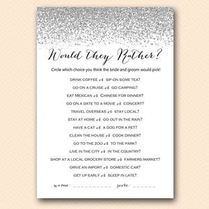 Silver Glitter Would they rather bridal shower game, Who knows the Bride and Groom Best, Bridal Shower Game, Bridal Shower Games BS89