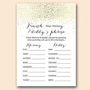 Gold Baby Shower Games,  Finish Mommy and Daddy&#39;s Phrase, Finish the phrase, Baby Shower Games, Baby Shower Games Printable TLC472 db