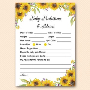Predicciones y consejos para bebés de girasol imprimibles, Predicciones para bebés, Predicciones para bebés, Juegos de baby shower, Actividades de baby shower TLC537