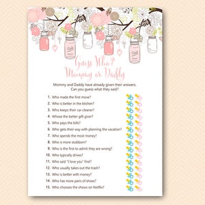 Pink Mason Jars Mommy or Daddy Game, Guess who baby shower game, Printable Baby Shower Games, Who knows Mommy and Daddy Best TLC459