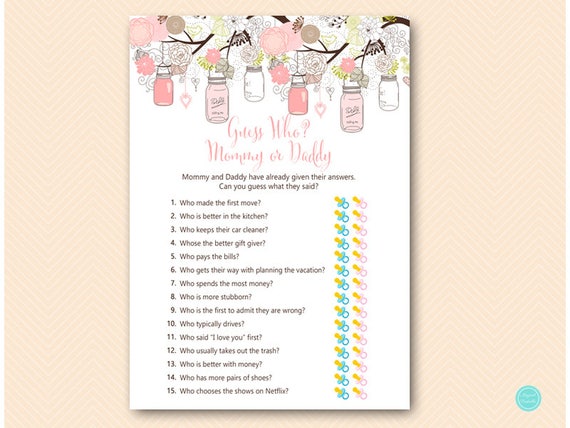 Pink Mason Jars Mommy or Daddy Game, Guess who baby shower game, Printable Baby Shower Games, Who knows Mommy and Daddy Best TLC459 Il_570xn
