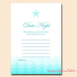 May include: A printable card with a blue starfish and blue waves at the bottom. The text on the card reads "Date Night" and "Please share your best date idea for the Bride & Groom".
