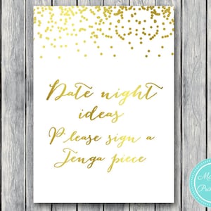 Date Night Idea Sign, Sign a Jenga Piece, Gold Foil Bridal Shower, Gold ...