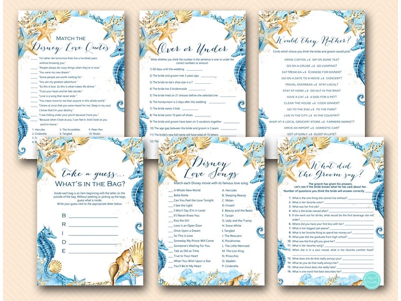 Beach Themed Bridal Shower Games Package Instant Download Etsy