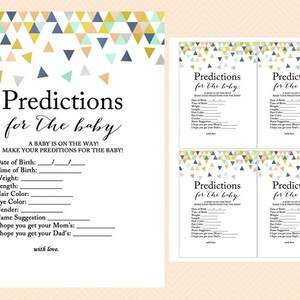 prédictions pour bébé, prédictions de bébé, carte de prédiction de sexe, jeu de douche de bébé à la menthe, moderne, jeu de bébé imprimable, confettis géométriques TLC51