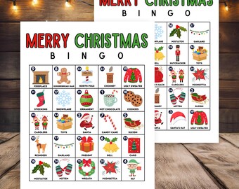 May include: Two white paper Merry Christmas Bingo game cards featuring a grid of colorful holiday icons like a gingerbread man, Santa, and a fireplace. Each square contains a number and a label. The text reads Merry Christmas Bingo.