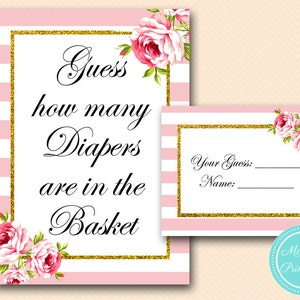 Guess how many diapers are in the basket, counting game, Pink shabby baby shower games Printables, Instant download TLC50