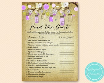 Purple Mason Jars Bridal Shower Games, Find the Guest Bridal Shower Game, Bridal Shower Game, Bridal Shower Games Instant Download BS49