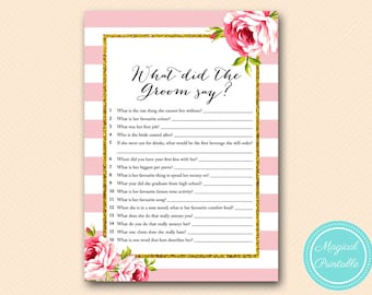 What did the Groom Say, What did he say about her, Newlywed Game, Pink and Gold Bridal Shower, Pink and Gold Bachelorette Game BS11