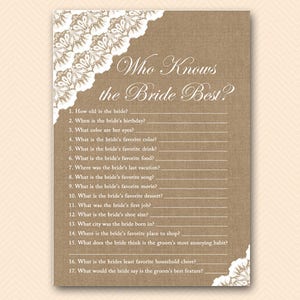How well do you know the bride, who knows the bride best, Burlap, Lace, Rustic Unique Bridal Shower Games, Games, Wedding Shower Game BS34