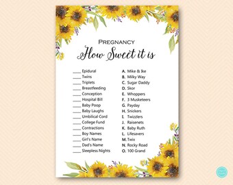 Sunflower Baby Shower Game, How sweet it is, Baby Shower Candy Game, Baby Shower Games, Shower Activities, Baby Shower Game Printable TLC537