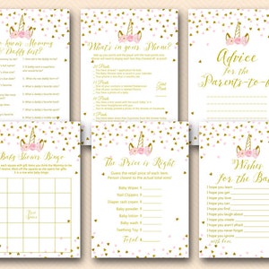 Unicorn Baby Shower Games Package, Unicorn themed baby shower, who knows mom and dad, wishes for baby, whats in your phone, TLC556
