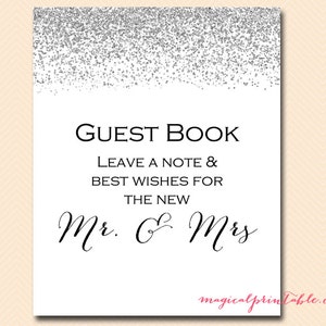 Silver Guestbook sign for Mr and Mrs, Wedding Signage, printable, Silver Glitter, Silver Confetti SN28 BS89