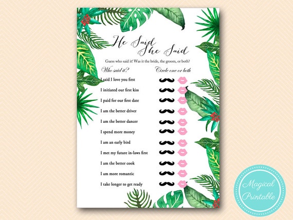 He Said She Said Bridal Shower Game, Who Said it Game, Luau Bridal Shower, Tropical Bridal Shower Game Printable, Baby Shower Game BS428 Il_570xn