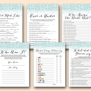 Teal Glitter Bridal Shower Games Package, over or under, who knows bride best, what did groom say, Teal glitter bachelorette, BS472t image 1