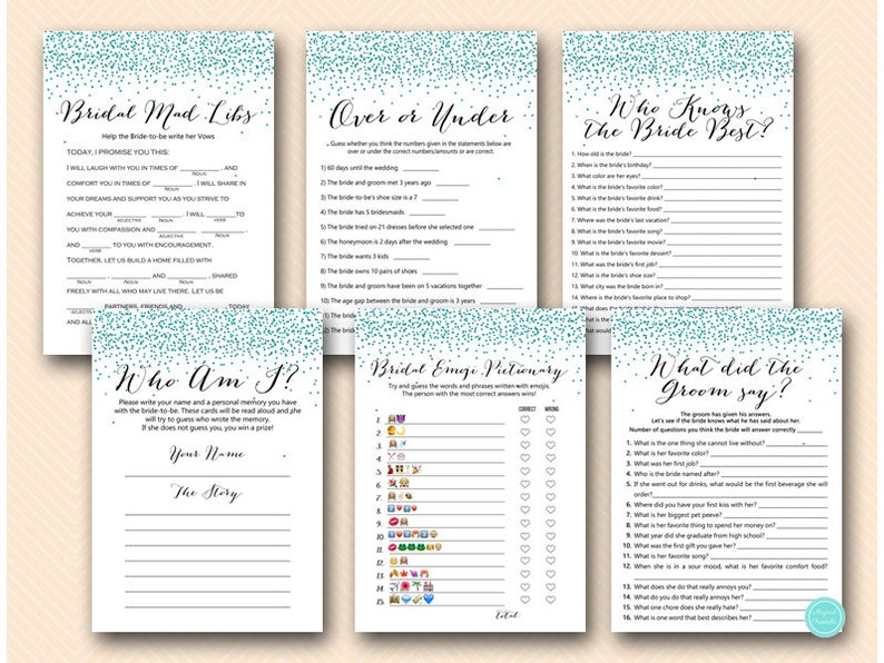 Teal Glitter Bridal Shower Games Package, over or under, who knows bride best, what did groom say, Teal glitter bachelorette, BS472t image 1