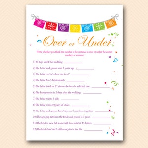 Fiesta Over or Under Bridal Shower Games, Over or Under the Number, Whats in your Purse Alternate, Bachelorette Game, Hens Game, BS136