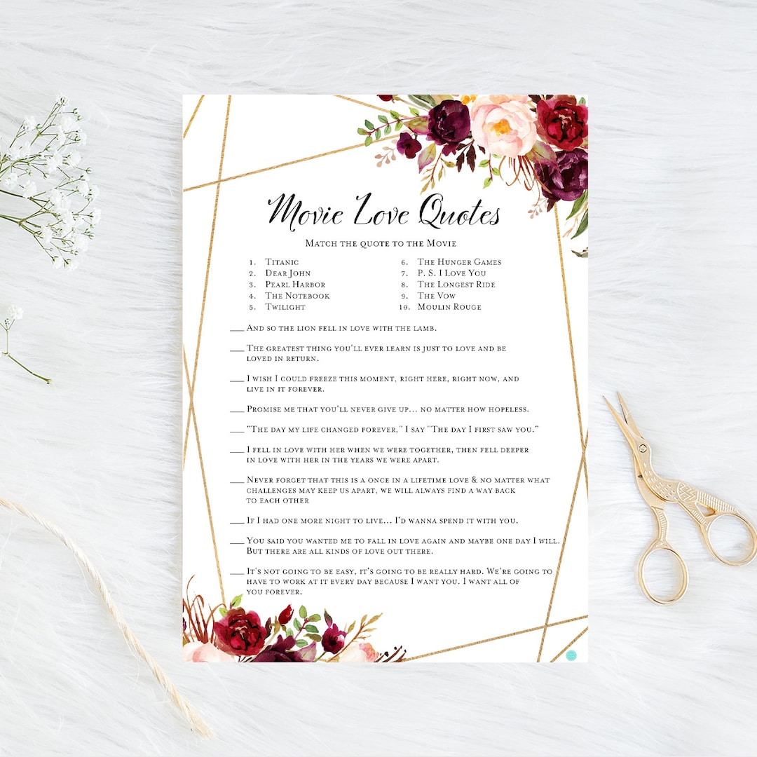 Movie Quote Game, Bridal Shower Movie Game, Printable Bridal Shower