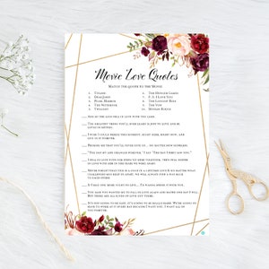 Movie Quote Game, Bridal Shower Movie Game, Printable Bridal Shower Game, Match the Movie Quote Game, Burgundy bridal shower BS649