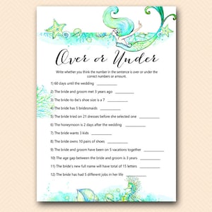 Mermaid Over or Under Bridal Shower Games, Over or Under the Number, Whats in your Purse Alternate, Bachelorette Game, Hens Game, BS446 image 1