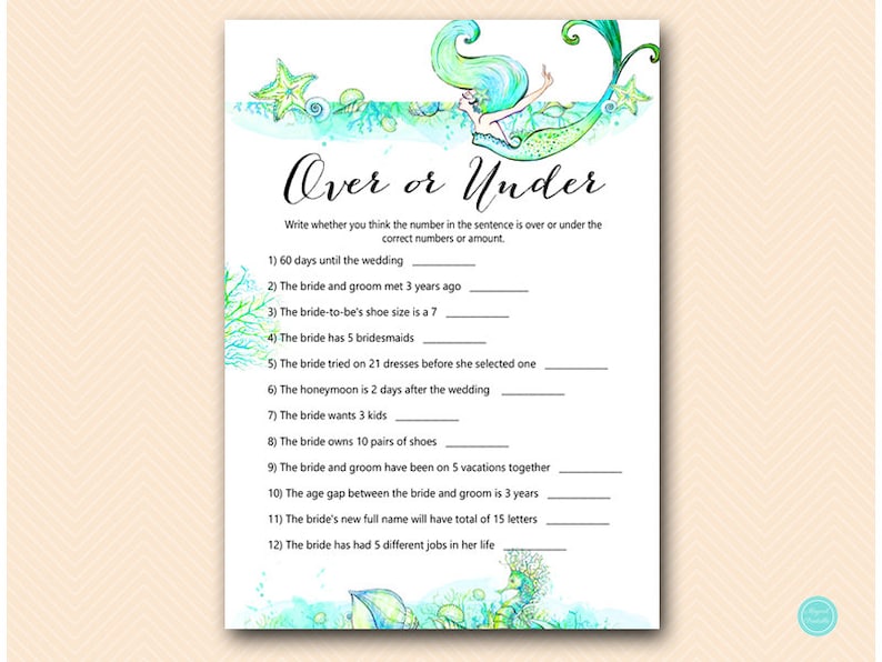 Mermaid Over or Under Bridal Shower Games, Over or Under the Number, Whats in your Purse Alternate, Bachelorette Game, Hens Game, BS446 image 1