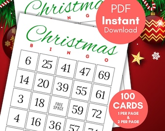 以下が含まれることがあります： 緑と赤の文字が入った白いクリスマスビンゴカードが2枚。カードには番号付きの正方形があり、上部には「Christmas Bingo」の文字があります。「PDF Instant Download」という文字が入った赤い円が見えます。別の赤い円には「100 Cards」と書かれています。