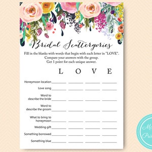 Scattergories, douche nuptiale Scattergories jeu imprimable, jardin extérieur jeu de douche nuptiale imprimable, douche de mariage BS138