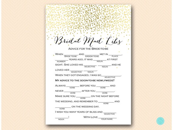 Gold Bridal Shower Games, Bridal Shower Mad Libs, Bridal Shower Libs, Advice for Bride, Bridal Shower Game, Shower Activities, BS472B dd Il_570xn
