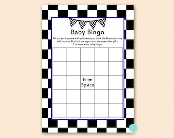 May include: A black and white checkered background with a blue border surrounds a printable baby bingo card. The card has a title that reads "Baby Bingo" and instructions to fill out each square with gift items the mommy-to-be will receive. The card has a free space in the center.
