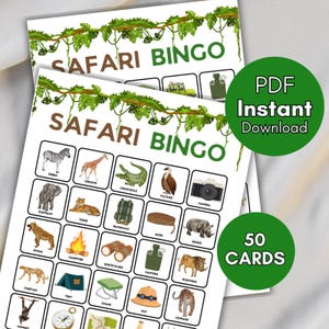 Cartelle del bingo Safari, Bingo Safari stampabile, Scarica il bingo Safari, Gioco della festa nella giungla, Giochi divertenti di Safari, Gioco di compleanno di Safari, bs701