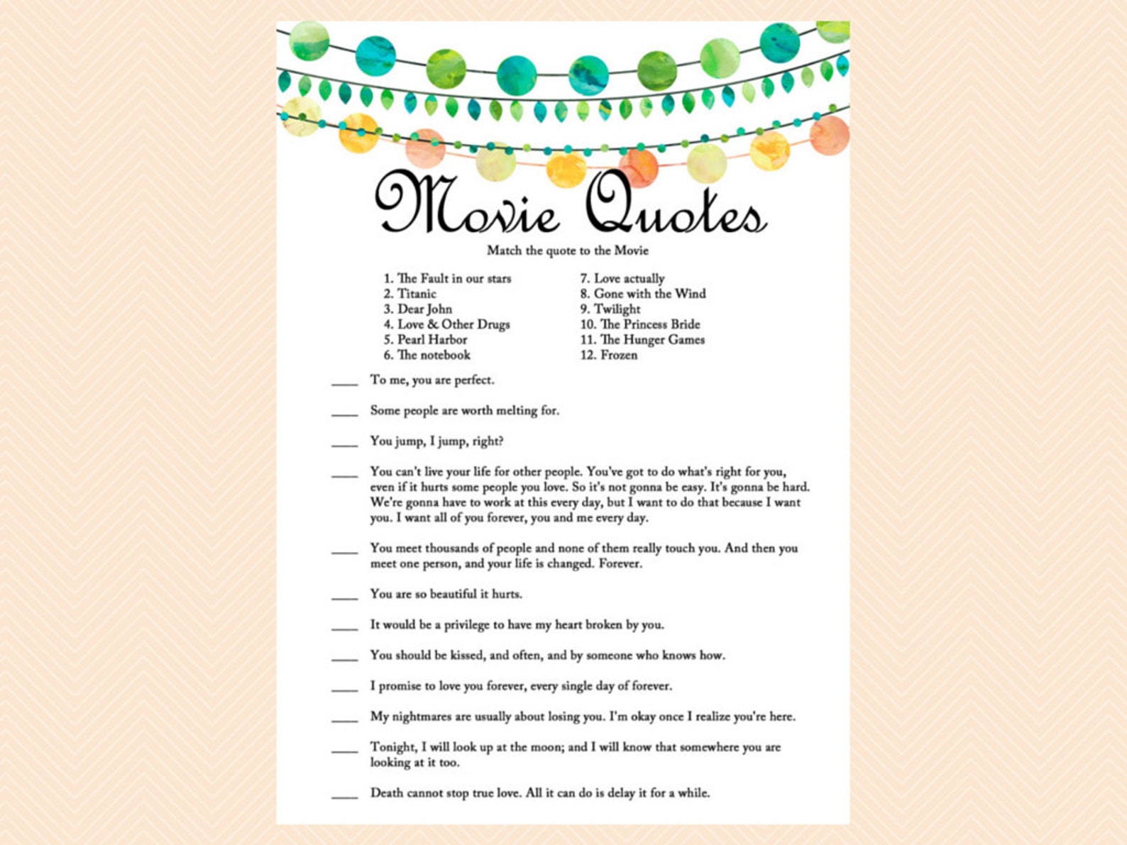 Movie Quotes Game Movie Love Quotes Famous Quotes Guess the Etsy