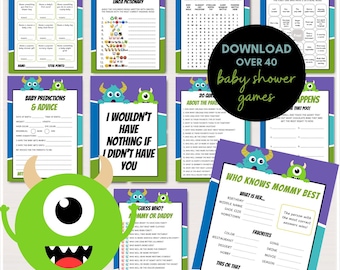 Editable Monster Baby Shower Games Bundle, A little monster is on the way Baby Shower, Monster Theme Baby Shower Games Template TLC771 canva