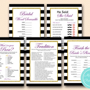 Instant download purple bridal shower game pack, gold glitter, Bridal Shower Games, Gold Bridal Shower Games, Wedding Shower Games BS153