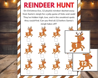 May include: A Reindeer Hunt game sheet featuring the title in red text, instructions for finding 12 hidden reindeer, and a grid of 12 numbered reindeer illustrations with checkboxes. Two larger reindeer graphics labeled 1 and 12 are overlaid.