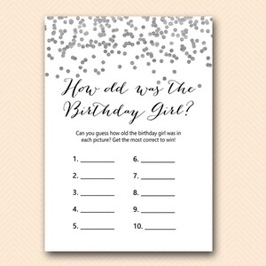 Silver Confetti Girl Birthday Party Games, How old was the Birthday Girl, How well do you know the birthday girl, Instant Download BP149