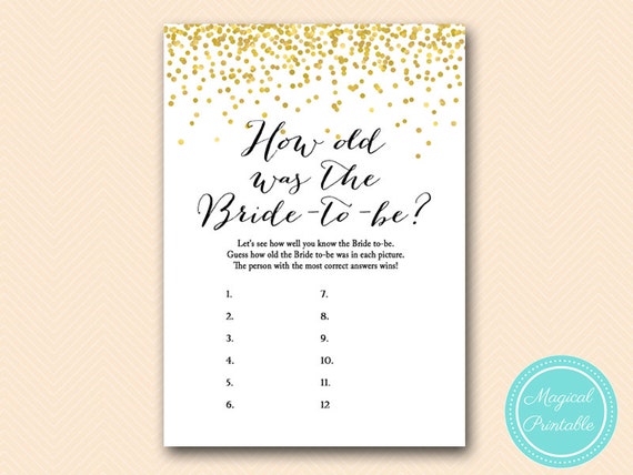 How old was the bride, guess the age of bride, photo game, picture, Gold Confetti Bridal Shower, Bachelorette, Wedding Shower BS46 Il_570xn