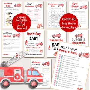May include: A selection of baby shower games and signs, all themed around fire engines. Games include "Guess Who? Mommy or Daddy," "Dirty Diaper," and "Baby Predictions." The designs feature red fire engine illustrations and playful fonts.