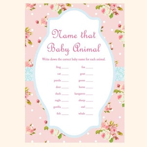Baby-Tier-Spiel, Name, Baby-Tier-Spiel, Baby-Tier-Baby-Dusche-Spiel, rosa Rose Baby-Dusche-Spiele Ausdrucke, Rose Baby Shower TLC43