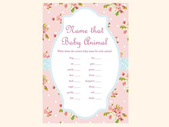 Baby animal game, Name that baby animal game, baby animal baby shower game, pink rose Baby Shower Games Printables, Rose Baby Shower TLC43 Il_570xn