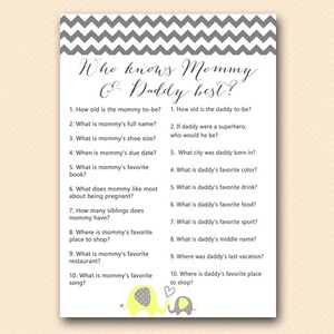 Yellow Elephant Baby Shower, Who knows Mommy and Daddy Best, Who Knows mommy best game, Coed Baby shower Game,  Baby Shower Games, TLC473