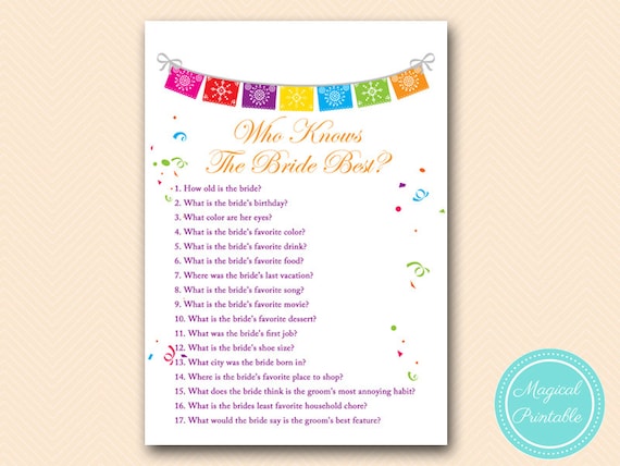 Who knows the bride best, how well do you know bride, Fiesta Bridal Shower Game, Luau Bridal Shower Game, Bachelorette, Wedding Shower BS136 Il_570xn