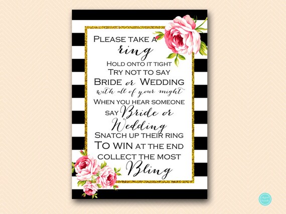 Don't say bride or wedding, ring game, clothespin game, Black White Floral Bridal Shower Games, Unique Bridal Shower Games, Games BS10 BS10B Il_570xn