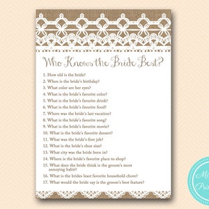who knows the bride best, how well do you know bride, Rustic, Burlap Lace Bridal Shower Game download, Bachelorette, Wedding Shower BS173