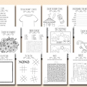 May include: A printable baby shower game booklet with black and white illustrations. The booklet includes games such as I Spy, word search, spot the difference, noughts and crosses, and mazes.